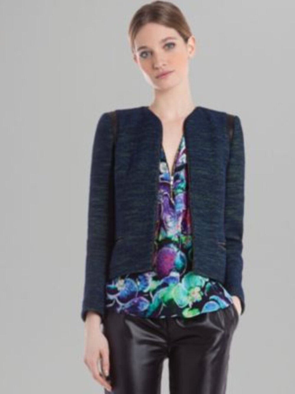 Sandro Paris Wool & Leather Blue Marine Black Knit Jacket w/ Chain Size 36  NWOT